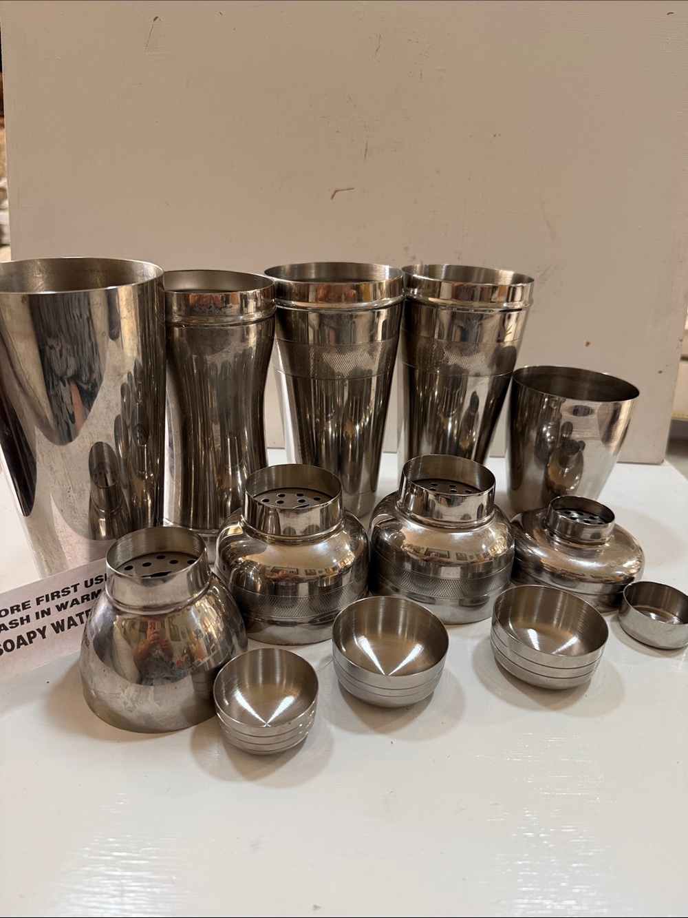 5 Total 1990’s Vintage Stainless Steel Cocktail Shaker Set Silver Bar Essentials